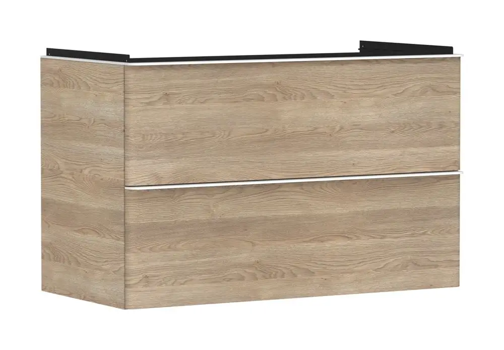 Waschtischunterschrank mit zwei Schubkästen in Holzoptik, hergestellt von Hansgrohe, ohne sichtbare Details zu den Maßen oder spezifischen Modellen.